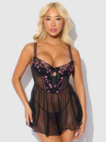 Harlow Embroidered Mesh & Elastic Longline Babydoll - Frederick's of Hollywood