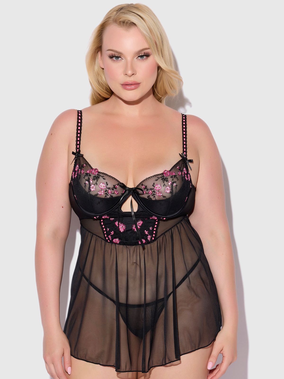 Harlow Embroidered Mesh & Elastic Longline Babydoll - Frederick's of Hollywood