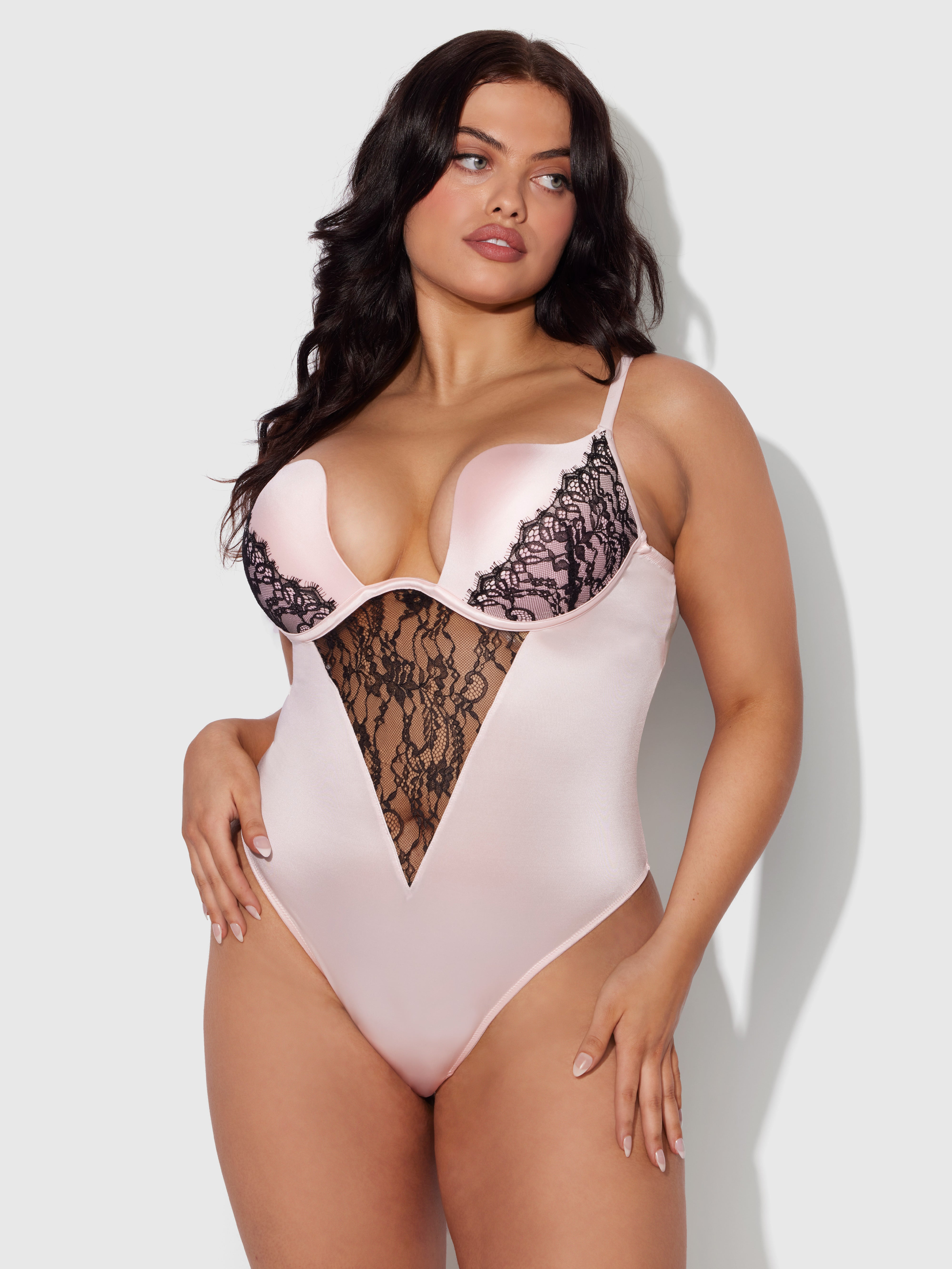 Rising Star Liquid Satin Swirl Plunge Bodysuit - Frederick's of Hollywood