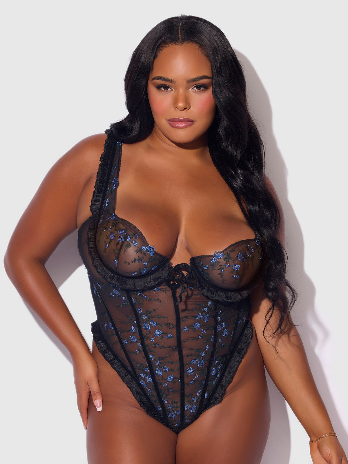 Harlow Embroidered Stretch Mesh Teddy - Frederick's of Hollywood