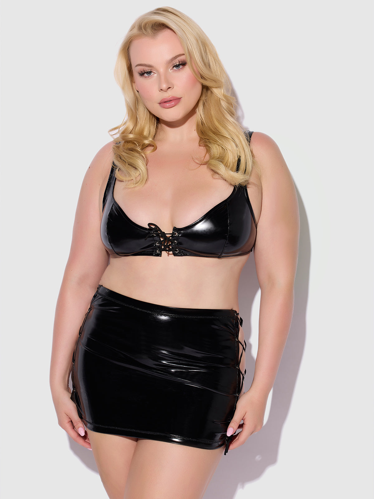 Phoenix Patent Grommet Bralette, Mini Skirt &amp; G-String - Frederick&#39;s of Hollywood