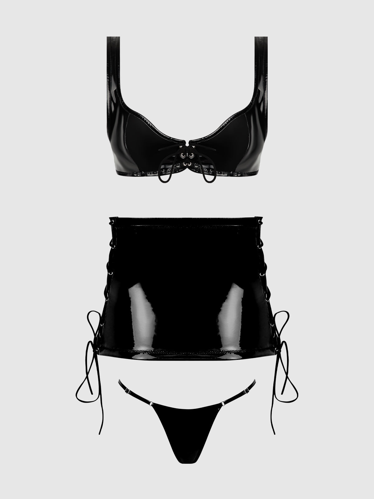 Phoenix Patent Grommet Bralette, Mini Skirt &amp; G-String - Frederick&#39;s of Hollywood