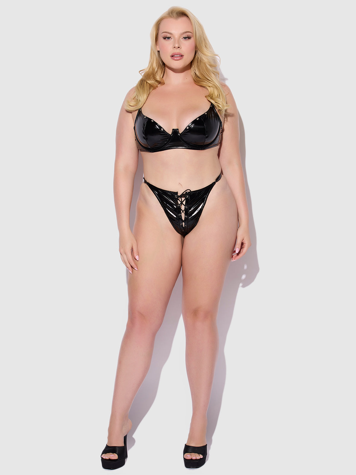 Phoenix Patent Underwire Unlined Grommet Bra &amp; Crotchless Panty Set - Frederick&#39;s of Hollywood