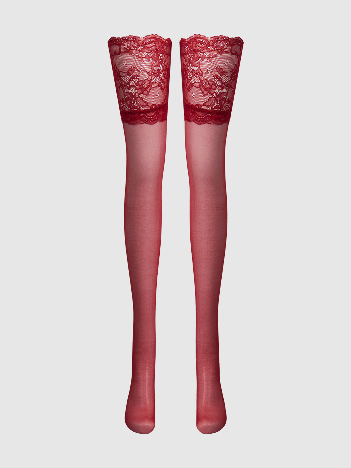 Thigh High Sheer Stayups With Tall Lace Band - Crimson Red