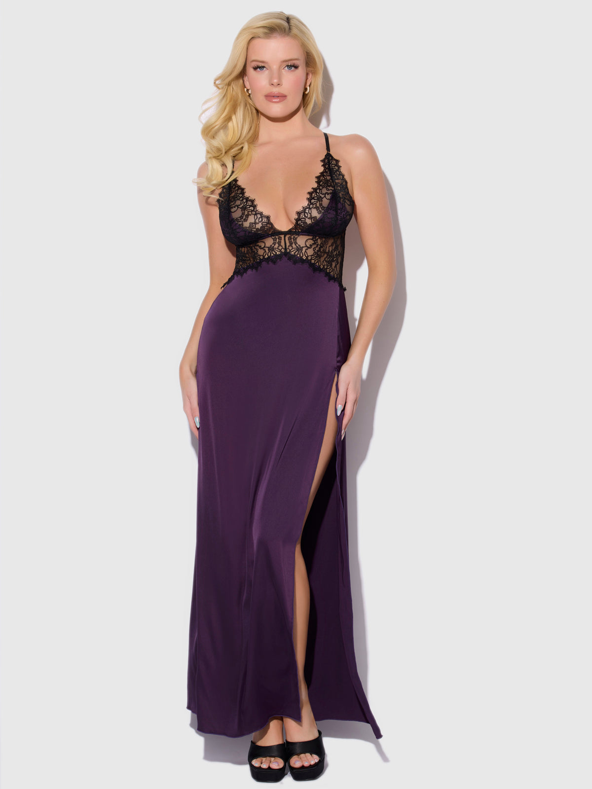 Rosalind Satin & Lace Long High Slit Gown - Frederick's of Hollywood