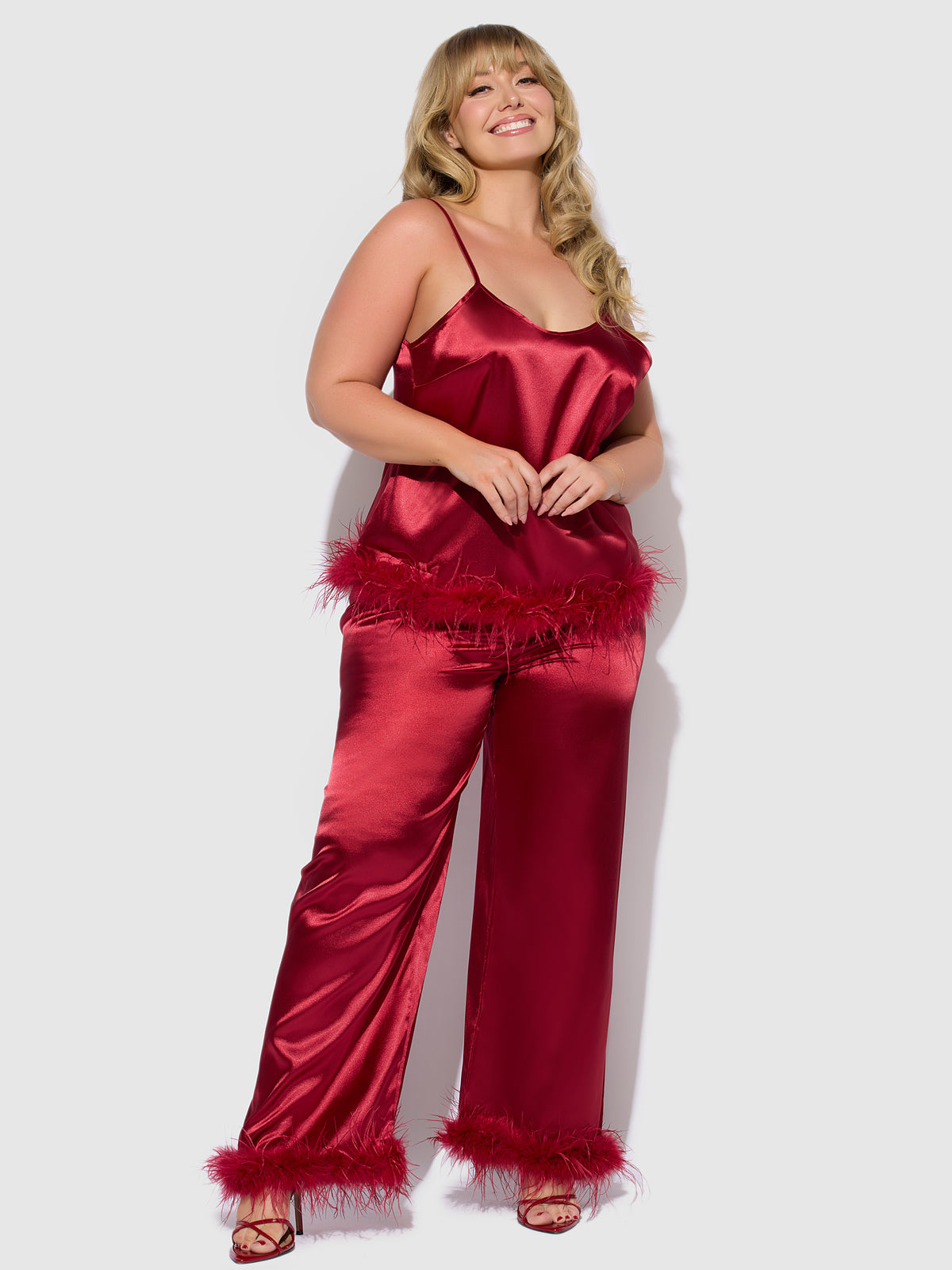 Scarlett Satin Sleep Cami &amp; Long Pant With Feather Trim - Frederick&#39;s of Hollywood