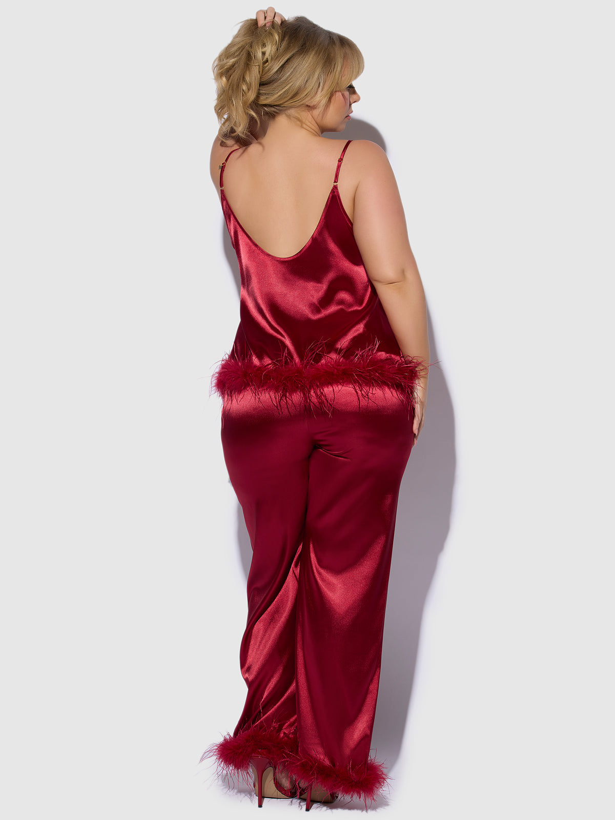 Scarlett Satin Sleep Cami & Long Pant With Feather Trim - Frederick's of Hollywood