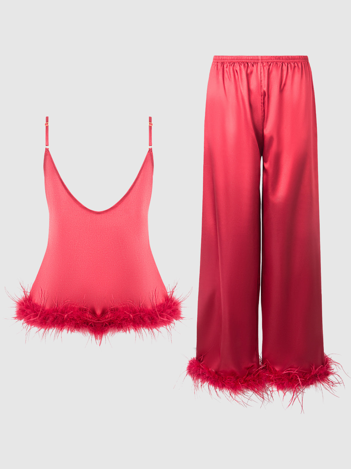 Scarlett Satin Sleep Cami &amp; Long Pant With Feather Trim - Frederick&#39;s of Hollywood