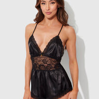 Elisa Satin & Lace Racerback Sleep Romper - Frederick's Of Hollywood