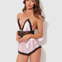 Elisa Satin & Lace Racerback Sleep Romper - Frederick's Of Hollywood