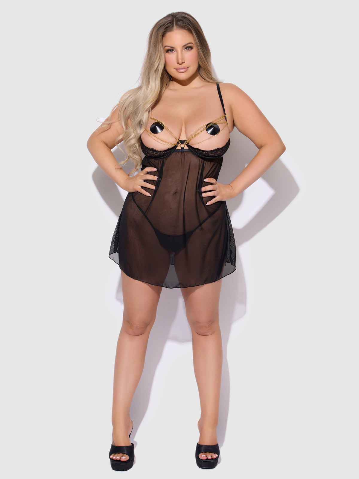 Maeve Chain &amp; Lace Open Cup Mesh Babydoll - Frederick&#39;s of Hollywood