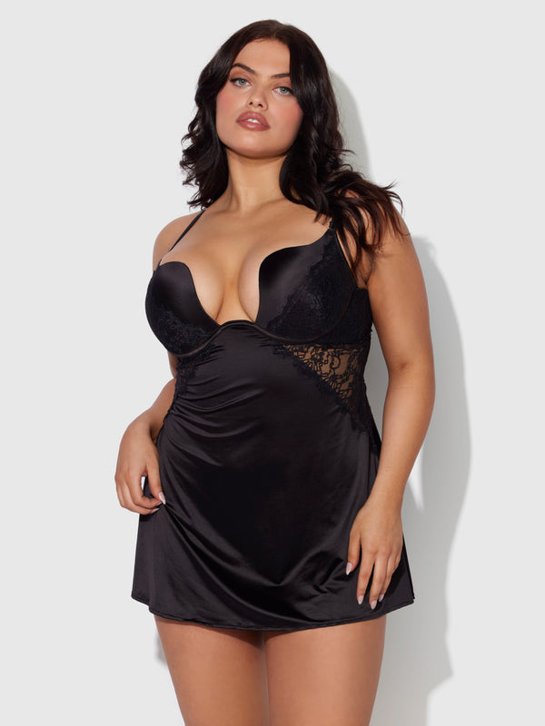 Rising Star Liquid Satin Swirl Plunge Babydoll - Frederick's of Hollywood