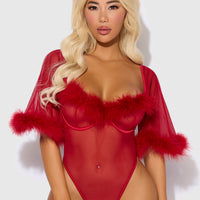 Scarlett Bell Sleeved Marabou Bodysuit - Frederick's of Hollywood