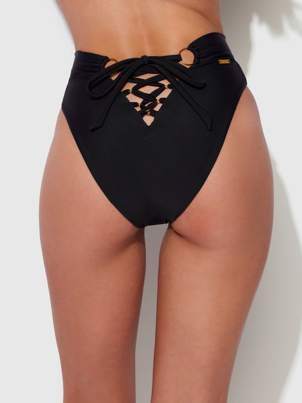 Rising Star Lace Up Back & Chain High Waist Swim Bottom - Black/Gold